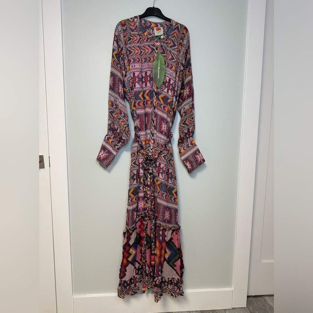 NWT Farm Rio Amulet Maxi Boho Sleeved Belted Aztec Sheer Dress Sz Large - Picture 16 of 17